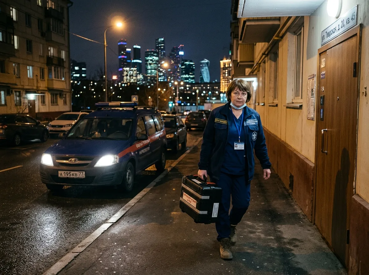 Врач-нарколог в медицинской форме выезжает на дом к пациенту, медицинский чемодан, ночная Москва на заднем плане