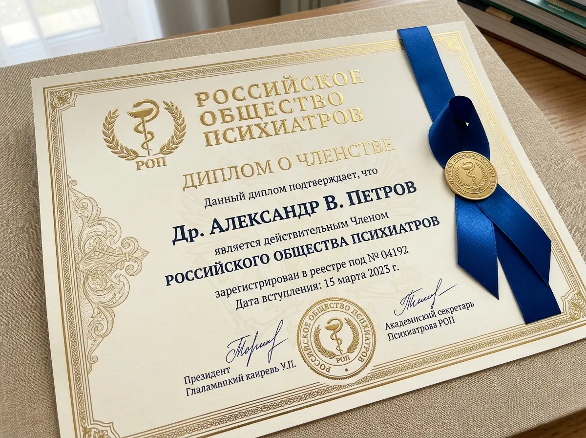 Свидетельство о членстве в Российском обществе психиатров — красивый диплом с золотым тиснением и синей лентой на бежевом фоне